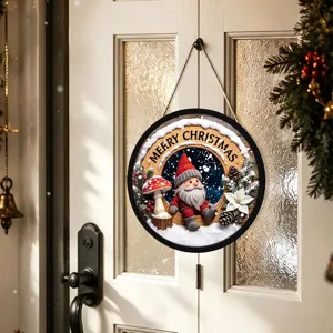Christmas hanging sign with cute gnome and LED lights for festive home holiday decoration.