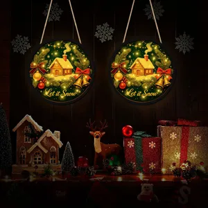 Christmas LED hanging sign detail view, glowing holiday wall decoration for window.