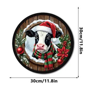 Christmas glowing hanging sign with cute cow design, round wooden festive LED decor.