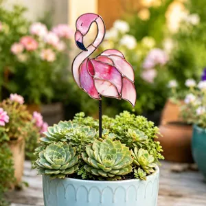 Piquet de jardin flamand rose en verre teinté pour décoration de plantes en pot.