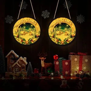 Detailed view of LED illuminated Christmas hanging sign with warm lights and festive village design.