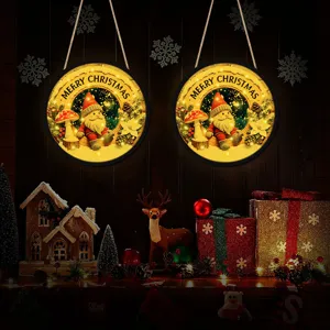 Christmas LED glowing hanging sign round wooden pendant gnome holiday wall door decoration