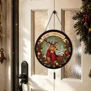 Christmas LED lighted round hanging sign, festive deer and wreath decor for door and window