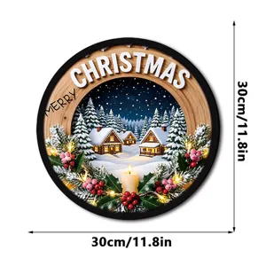 Round Christmas LED hanging wooden sign with snowy village scene and warm light, 30cm.