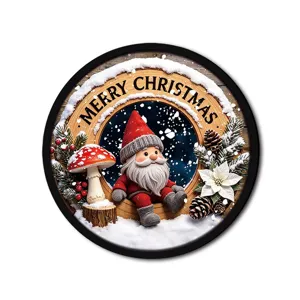 Christmas gnome hanging sign detail shot featuring cute dwarf doll pinecones and snow decor.