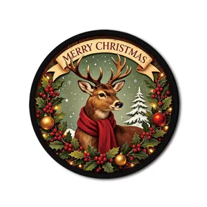 Detailed view of a round Christmas sign featuring a festive reindeer with red scarf and LED lights.