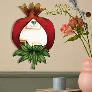 Bohemian pomegranate shaped wooden wall mirror detail, aesthetic bedroom decor hanging accent.