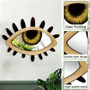 Close-up view of bohemian wooden eye mirror showcasing clear printing and double-layer design.