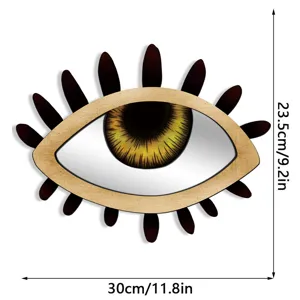 Detailed view of the boho style wooden eye wall mirror featuring unique black eyelash design.