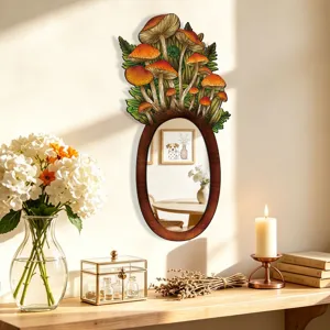 Bohemian style wooden wall mirror with mushroom decor, perfect for bedroom wall decoration.