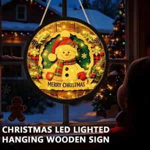 Christmas LED lighted wooden hanging sign detail, festive snowman decor with warm glowing lights.