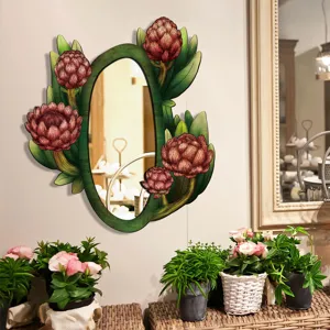 Bohemian style botanical wood decorative wall mirror detail, unique flower framed wall art.
