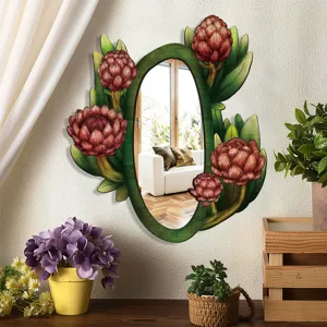 Detailed view of the Bohemian style decorative mirror with artistic flower frame in cozy room.