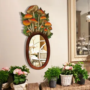 Boho wooden wall mirror with mushroom decor, perfect for bedroom home decoration and aesthetic room.
