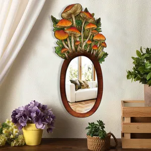 Bohemian wooden decorative mirror with mushroom top detail, perfect BOHO home wall decor.