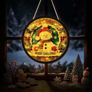 Christmas LED hanging sign round wooden wall decor light up snowman holiday window ornament