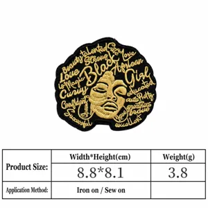 Patch brodé fille noire thermocollant DIY insigne personnalisé veste application 8,8x8,1cm