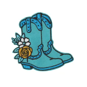 Bestickter blauer Cowboy Stiefel Aufnäher mit Blumen Applikation für Textilien DIY.