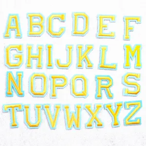 Alphabet embroidery patches set, A-Z yellow letters with blue border, DIY clothing decor.