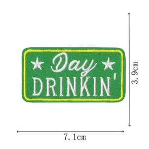 Green embroidered patch with Day DRINKIN text and stars, perfect for DIY clothing decoration.