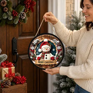 Christmas LED hanging sign detail view, lighted snowman wall decor for holiday window home.