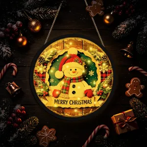 Christmas LED lighted hanging sign with cute snowman design for holiday home decor.