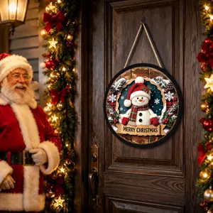 Christmas LED hanging sign with cute snowman design, perfect holiday door decoration for home.
