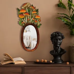 Boho wooden wall mirror with mushroom illustration, unique bohemian home decor for bedroom.