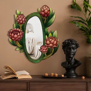 Bohemian style decorative oval wooden mirror with floral botanical art frame for wall decor