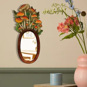 Bohemian wooden acrylic wall mirror with mushroom foliage decor for home bedroom interior