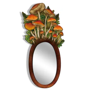 Decorative oval wall mirror featuring charming mushroom and fern design for boho home decor.