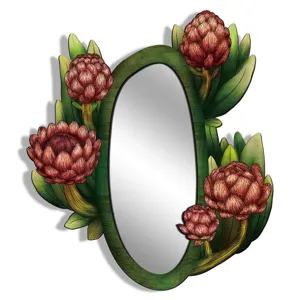 Bohemian botanical oval decorative mirror with green wooden frame and pink flower art.