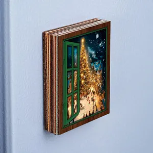 Wooden Christmas window fridge magnet with glowing tree scene, perfect holiday home decor.
