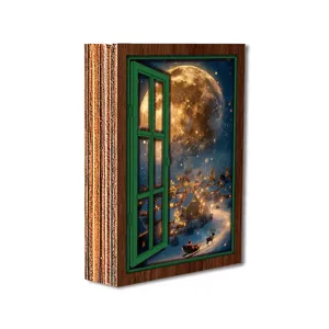Detailed side view of wooden Christmas window decoration showcasing layered 3D winter scene.