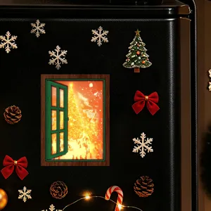 Christmas glowing fake window fridge magnet retro wooden magnetic sticker holiday decor detail