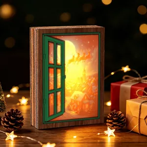 Christmas luminous window wooden fridge magnet holiday retro decorative LED light decor