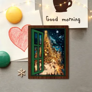 Christmas decorative wooden magnetic fridge sticker with vintage window view design for home.