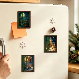 Christmas luminous window fridge magnets, vintage wooden magnetic stickers for holiday decor.