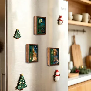 Christmas luminous fake window fridge magnet vintage wooden magnetic sticker for holiday decor.