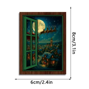 Christmas glowing window fridge magnet retro wooden magnetic sticker holiday decor 8x6cm