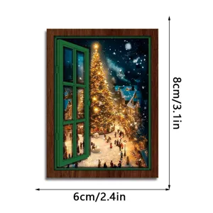 Christmas glowing fake window fridge magnet, vintage wooden magnetic decor sticker.