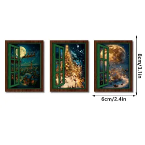 Christmas luminous fake window fridge magnets retro wooden magnetic decorative stickers