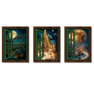 Detailed view of 3-piece Christmas fake window wooden magnet set showcasing festive winter snow.