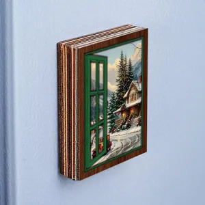 Christmas wooden magnetic fridge sticker 3D glowing fake window design holiday home decor