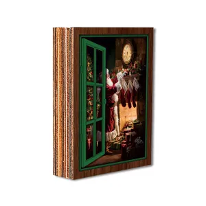 Christmas luminous faux window fridge magnet wooden vintage decorative magnetic sticker for home