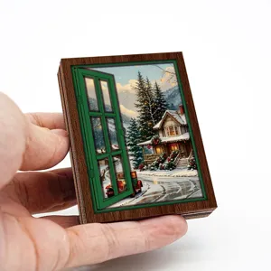 Christmas wooden fridge magnet with a cozy winter snow scene window view, perfect holiday decor.