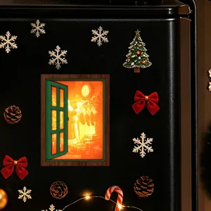 Christmas glowing fake window fridge magnet detail, retro wooden magnetic sticker decor.