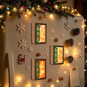 Christmas glowing window fridge magnets, vintage wooden magnetic stickers for holiday decor.