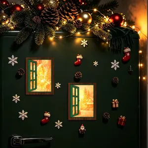 Christmas LED luminous magnetic fridge sticker retro wooden window decor set new