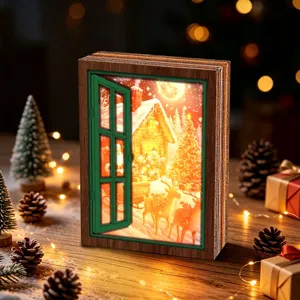 Christmas luminous fake window wooden decoration with LED lighting and festive snow scene details.